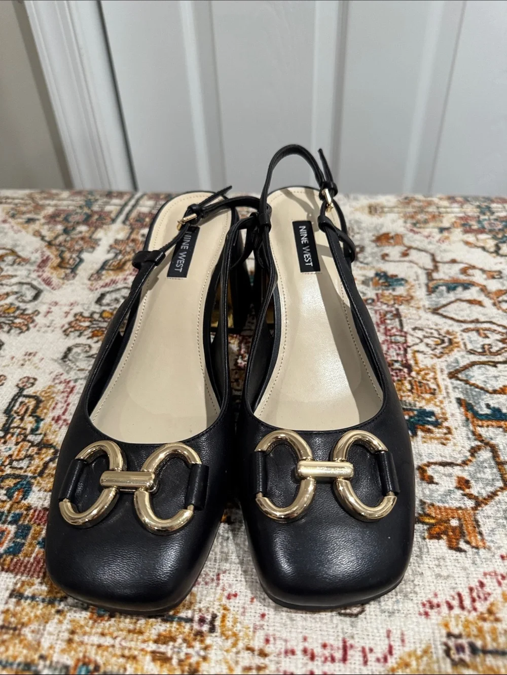 Nine West Black Leather Slingback Block Heels with Gold Chain Detail